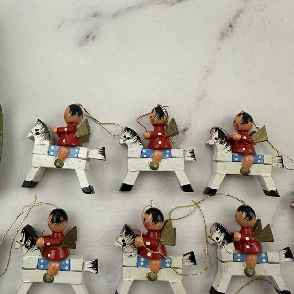 Vintage Wood Mini Christmas Tree Ornament Set of 11 White Horses Angels - Picture 2 of 7